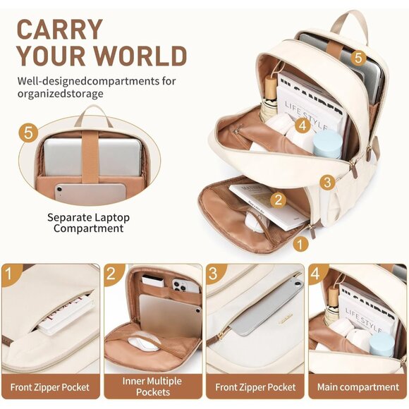 Women Apricot-Beige Computer Bag Casual Fits 16 Inch College Travel Backpacks - Picture 3 of 9